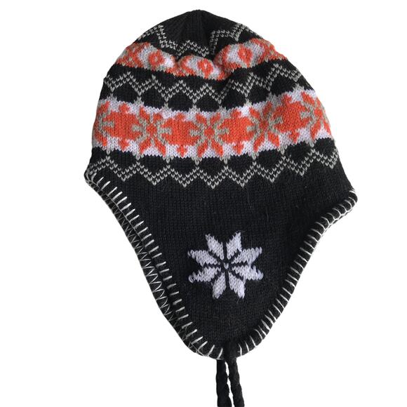 Knit Hat with Ear Flaps Intarsia Chunky Tie Neck Winter Cap Apres Ski Snowboard - Picture 8 of 9